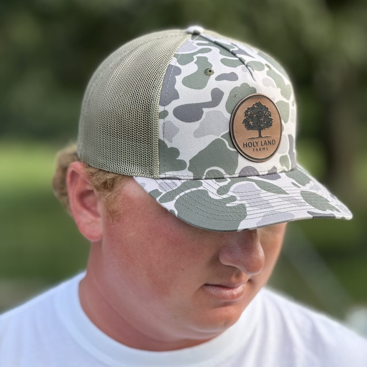Holy Land Farms Richardson 112 PFP Hat – Camo with Leather Patch